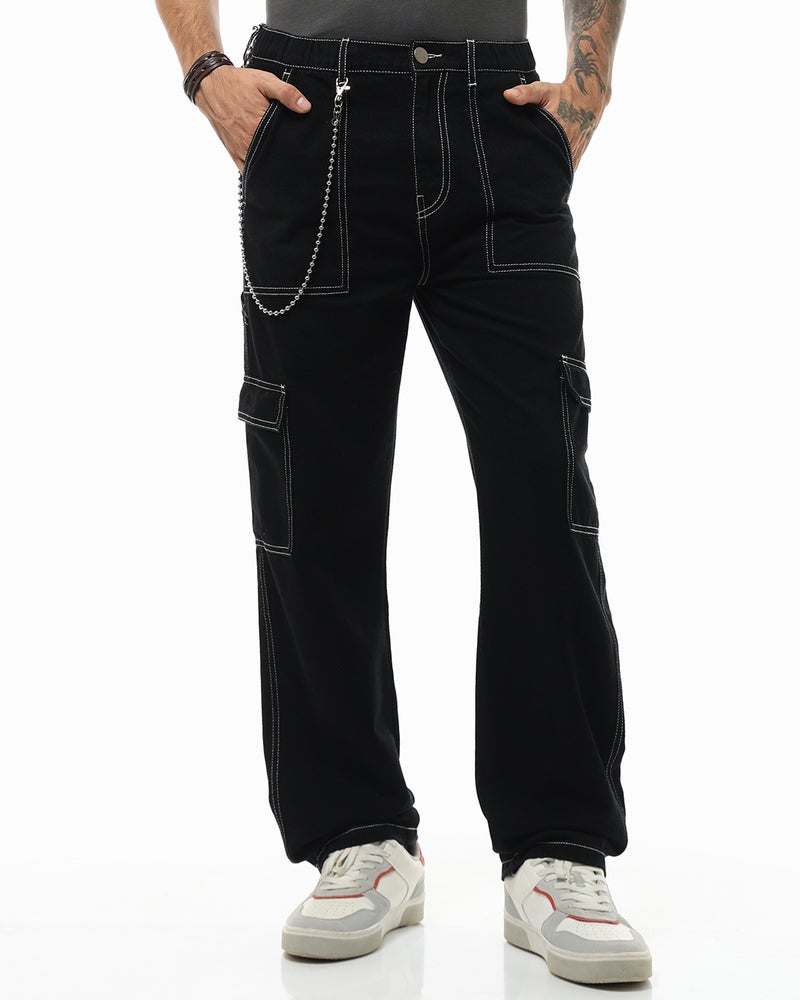 bewakoof Men's Black Baggy Fit Cargo Mid-Rise Jeans - Image 2